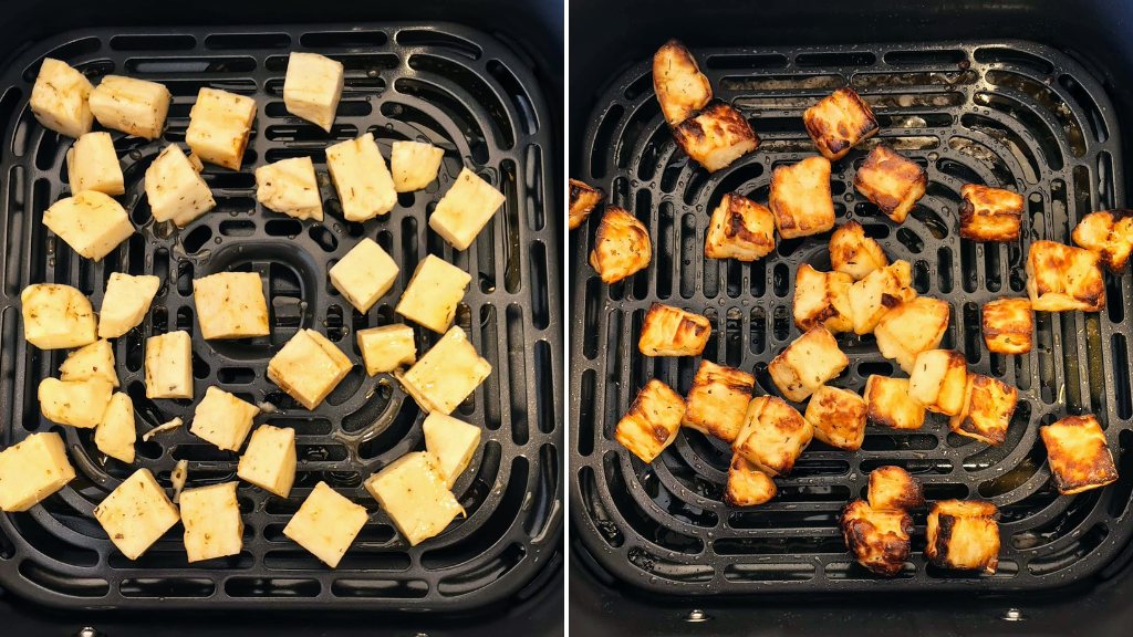 Halloumi vorher und nachher in der Cosori Iconic Heißluftfritteuse